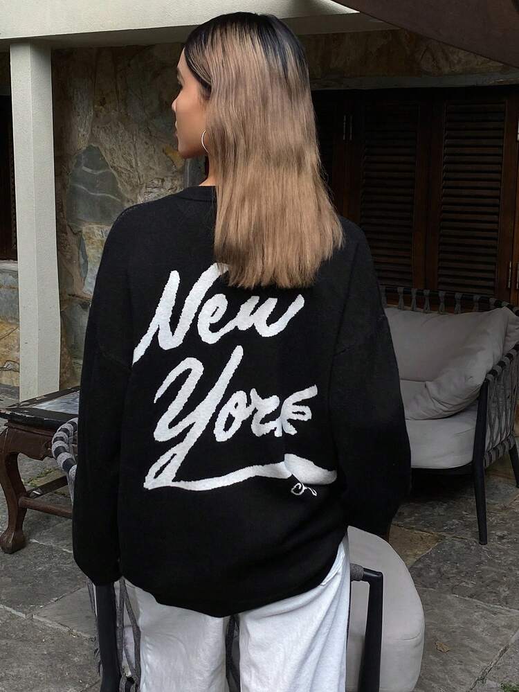 Color Block Letter Jacquard Loose V-Neck Long Sleeve Casual Street Knit Cardigan For Women, Autumn/Winter