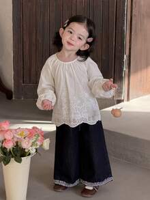 DAZY Toddler Girls' Casual Round Neck Long Sleeve Lace Blouse