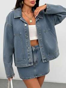 女士落肩长袖单排扣口袋牛仔外套和牛仔迷你裙休闲套装 - 淺色水洗藍 - 查看 6