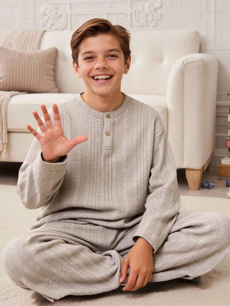 SHEIN 2pcs Casual Textured Fabric Long Sleeve T-Shirt And Pants Set, Solid Color All-Match Outfit For Teens, Suitable For Commuting, School, Daily Casual, Travel, Outdoor Party, Sports, Autumn/Winter Y2k Rave Vacation Holiday Festival Halloween Christmas Fall Winter Casual Cozy Teen Boy Two Piece Set Ribbed Pajama Set Long Sleeve Pajama Sets Teen Pajama Set - Multicolor - View 1