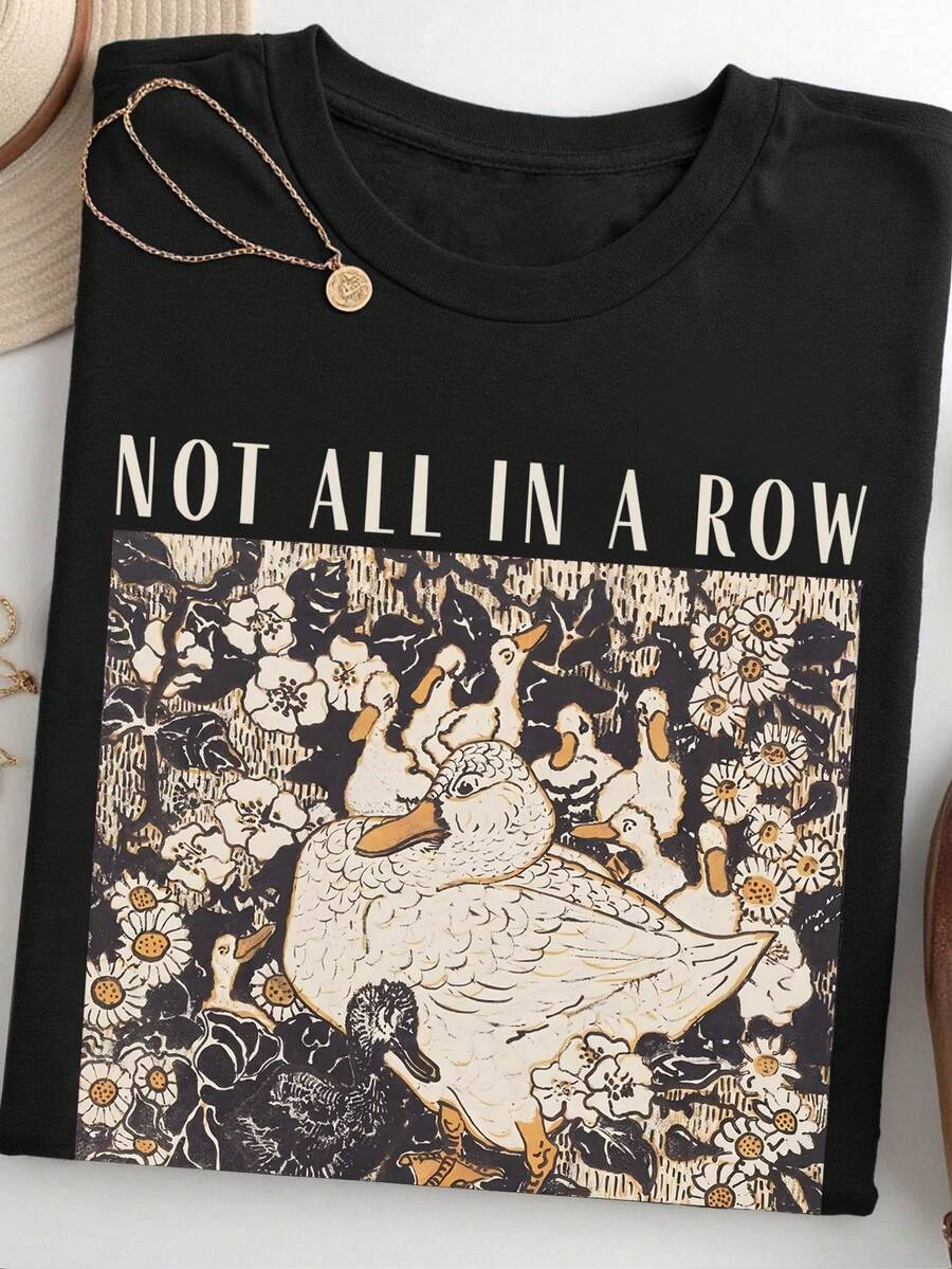 SHEIN LUNE 女士休闲印花圆领短袖T恤 - 黑色 - 查看 1