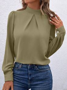 EMERY ROSE 1pc Women's Solid Color Stand Collar Elegant Long Sleeve Blouse - Green - View 6