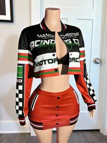 Slaydiva New Summer And Early Autumn Casual Street Motorcycle Style Daily Dating Retro Party Baseball Collar Drop Shoulder Long Sleeve Loose Cropped Jacket Top + Hip Mini Skirt Black And White Plaid Print Slogan Logo23 Digital Print Dark Green Sweater Suit Women's Two Pieces Suit-A, Christmas - Red - View 5