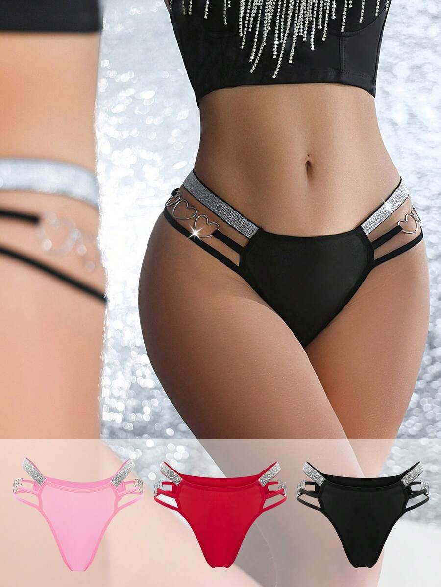MidnightGlam 3pcs ,Comfortable & Glamorous Silver Ribbon Women's Thong Panties,Hollow Out Rhinestone Strappy Lingerie For Valentine's Day,Wedding,Black,Summer - Multicolor - View 1