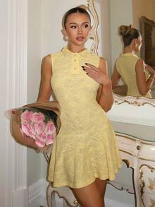 Relinas Women's Polo Collar Ruffle Hem Sleeveless Mini Dress - Yellow - View 5