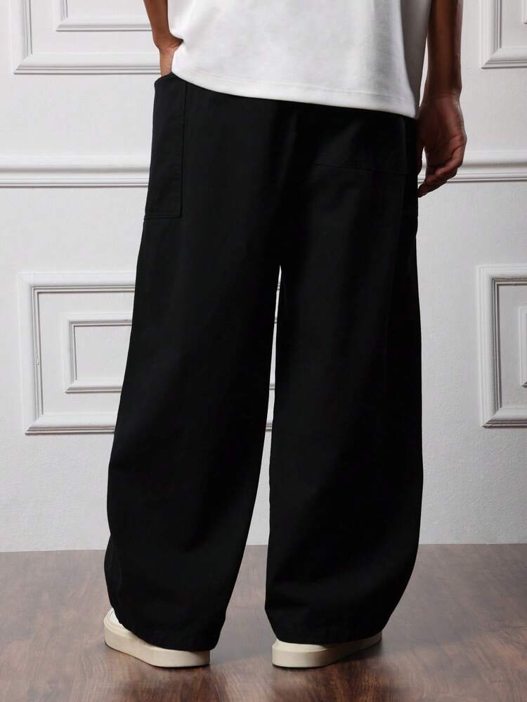 SUMWON Men Barrel Fit Wide Leg Pull On Pants With Side Pockets Casual Loose Fit Comfortable Everyday Wear Relaxed Bottoms Plain