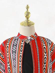 Bohemian Style Geometric Print Shawl & Dress Set, Comfortable Casual Holiday/Festival Outfit For Young Girls Kids Arabic Dress - Black - View 9