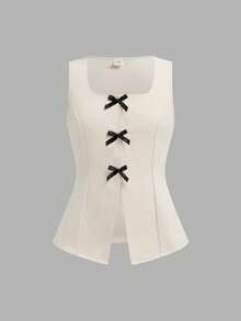 SHEIN 少女蝴蝶结装饰开衩下摆背心和阔腿裤休闲套装