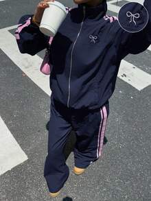 SHEIN EZwear 大码休闲撞色条纹外套和裤子两件套，秋季 - 藏蓝色 - 查看 7
