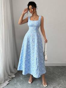Vestido elegante vintage de cuello cuadrado con estampado jacquard para mujer,Diseño sin mangas,Vestido con relieve floral,Vestido elegante para mujer - Azul - Ver 5