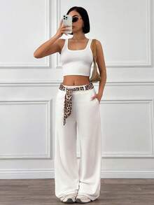 Cloudara Leopard Scarf Detailed White Slant Pocket Casual Sweatpants - White - View 5