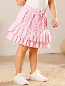 Swobodny, modny, prosty, elegancki i uroczy sweter dla młodej dziewczyny. Różowy wzór, dwuwarstwowy, marszczony sweter z dzianiny, spódnica, miękki i wygodny, odpowiedni na co dzień, odpowiedni na imprezy, odpowiedni na podróż, odpowiedni na wakacje, odpowiedni do domu, odpowiedni do pokoju dziecięcego, odpowiedni na jesień i zimę, Boże Narodzenie, otwarcie szkoły, imprezę, uniwersalna odzież jesienno-zimowa, ubrania dla dziewczynek na festiwale - Różowy - Zobacz 4