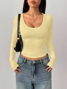 SHEIN PETITE Women's Casual Minimalist Crew Neck Yellow Tight Fit Basic Long Sleeve T-Shirt, Summer & Autumn/Winter - Light Yellow - View 3