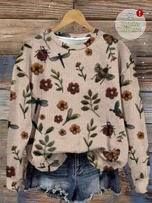 SHEIN LUNE Casual Vintage Floral & Dragonfly Print Loose Fit Crew Neck Long Sleeve Sweatshirt For Women, Autumn/Winter, Christmas