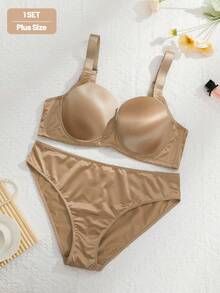 2 Pieces Set Women's Plus Size Comfortable Solid Shiny Smooth Fabric Wire-Supported Anti-Sagging Lift Instantlift Bra Lingerie Set - Champagne - View 3