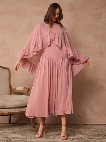 Enchnt Damen Einfarbiges minimalistisches Kleid mit Rüschensaum - Altrosa - Übersicht 6