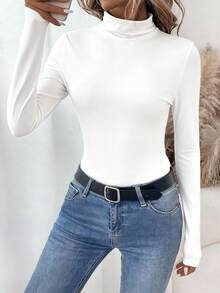 SHEIN LUNE 女士休闲高领长袖紧身打底T恤，适合秋冬季嘉年华穿着，女士长袖高领上衣，休闲款 - 白色 - 查看 8