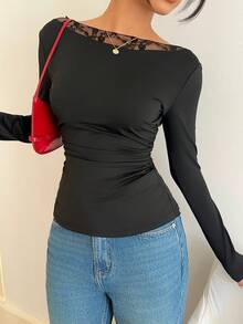 Siren Gaze 女士纯色极简蕾丝拼接长袖T恤，日常穿着 - 黑色 - 查看 3