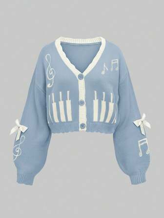 Kawaii Cárdigan de punto de manga larga con hombros caídos, decorado con lazo y estampado de notas musicales