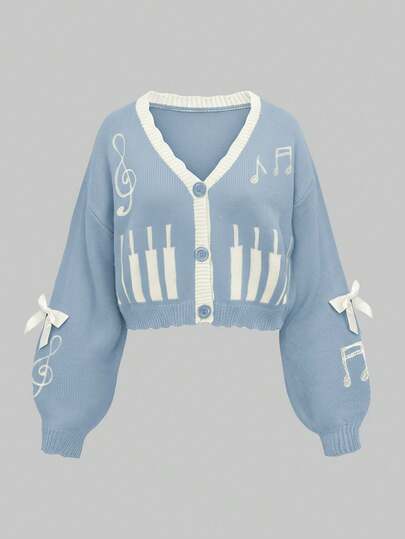 Kawaii Cárdigan de punto de manga larga con hombros caídos, decorado con lazo y estampado de notas musicales
