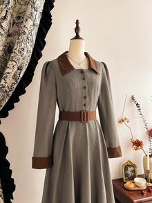 Vintamour Vintage Classic Elegant Women's Dress, Autumn/Winter Fitted Colorblock Plaid Dress With Collar, Belt, Pockets, Long Sleeve, Brown