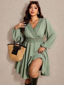 Elaquor Đầm dạ hội cỡ lớn thanh lịch màu xanh bạc hà dáng chữ A với viền bèo nhún và tay áo kiểu tay phồng, dài đến đầu gối, cổ chữ V, chất liệu vải dệt. - Màu xanh Bạc hà - Xem 1