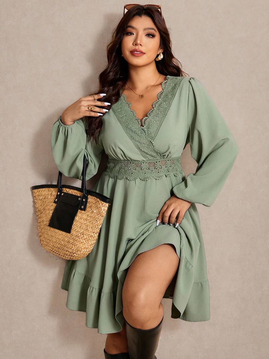 Elaquor Đầm dạ hội cỡ lớn thanh lịch màu xanh bạc hà dáng chữ A với viền bèo nhún và tay áo kiểu tay phồng, dài đến đầu gối, cổ chữ V, chất liệu vải dệt. - Màu xanh Bạc hà - Xem 1