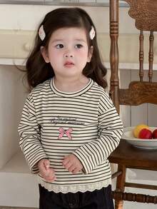 DAZY 女童圆领条纹蝴蝶结字母印花休闲上衣，春秋季 - 杏色 - 查看 6