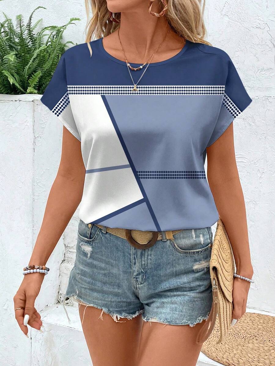 EMERY ROSE Women's Casual Minimalist Geometric Patchwork Loose Short Sleeve Round Neck Shirt, Suitable For Summer Suitable For Going Out Chic Blouses For Women - Multicolor - View 1