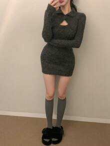 DAZY 女士圆领无袖针织连衣裙和镂空长袖针织上衣 - 灰色 - 查看 3