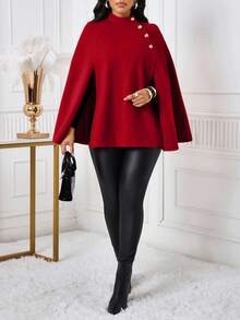 SHEIN Lady 女士休闲宽松斗篷式羊毛混纺大衣，简约商务秋冬女装 - 紅色 - 查看 8