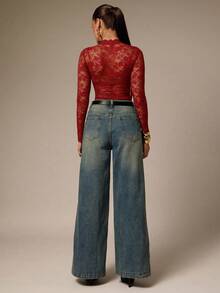 Silquee Bộ đồ liền thân dài tay ren hoa gợi cảm cho nữ - Đỏ - Xem 2