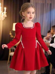 Elladie kids Girls Red Textured Knit Crew Neck Beaded Ruffle Hem Dress With Puff Sleeves, Fashionable And Elegant For Everyday, Gatherings And Parties - Red - View 1