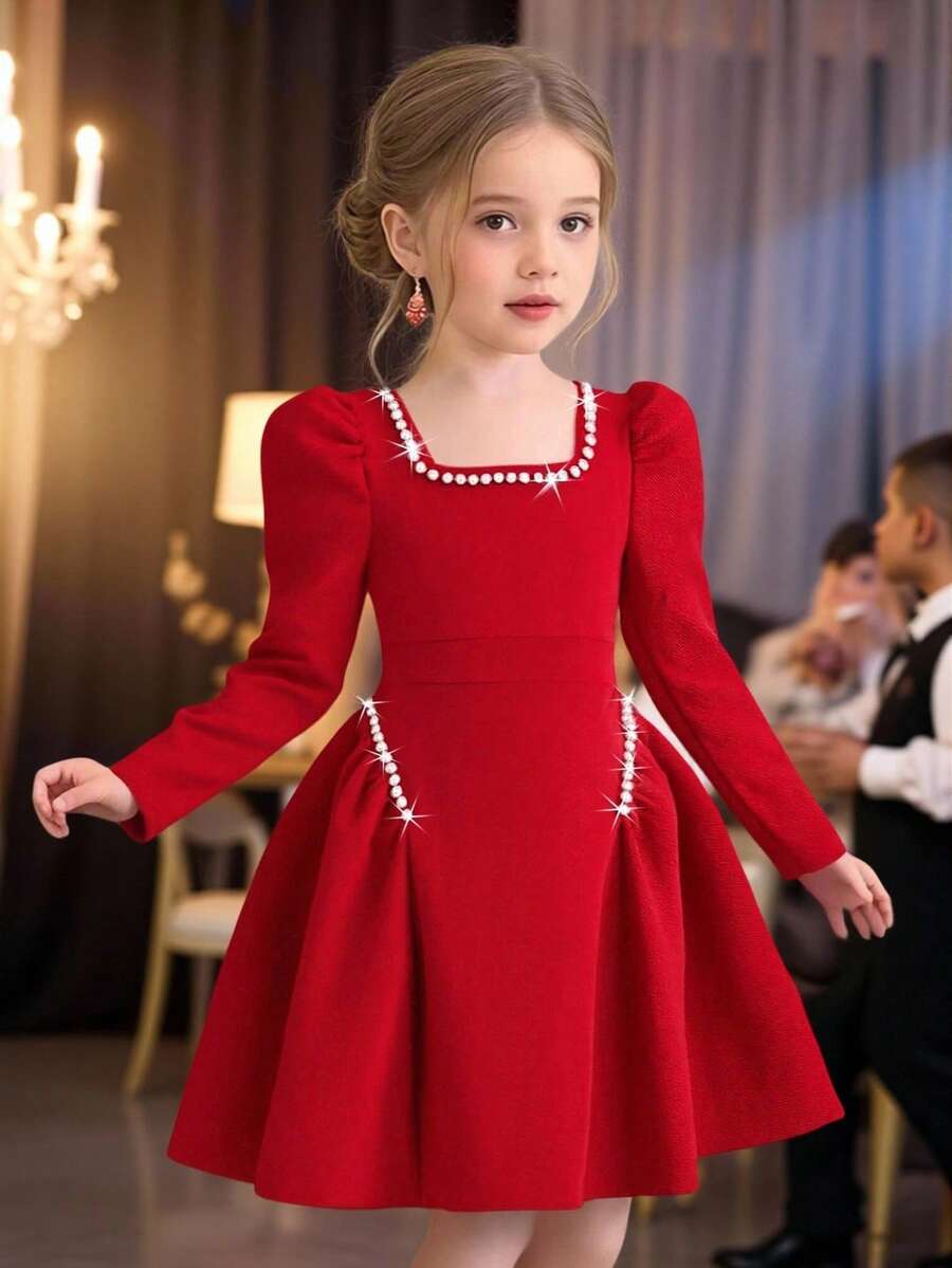Elladie kids Girls Red Textured Knit Crew Neck Beaded Ruffle Hem Dress With Puff Sleeves, Fashionable And Elegant For Everyday, Gatherings And Parties - Red - View 1
