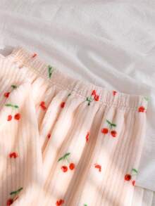 Tween Girls Pajamas-2 Piece Pajama Set Cherry Print Light Pink Red Trim Round Neck Long Sleeve Top Long Pants Cozy Soft Breathable Loungewear Sleepwear Gift Idea Four Season 2026 New Year Holiday Essential - Red and White - View 4