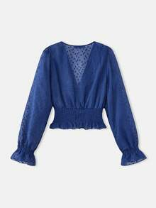 lacRébo Áo kiểu nữ màu xanh hải quân cổ điển, chất liệu jacquard, có họa tiết nhún eo, thích hợp cho mùa thu, xuân hè, công sở và thường ngày. - Màu xanh lam - Xem 9