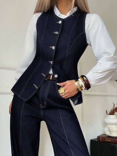 Livesso Conjunto de chaleco y pantalones de mezclilla casual para mujer, otoño/invierno