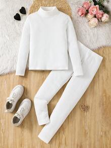 SHEIN 2pcs Tween Girls Solid Color Knit Polo Neck Casual T-Shirt And Leggings Set 2pcs/Set Young Girls Casual White Ribbed Knit T-Shirt And Leggings Set, For Indoor And Outdoor Wear, Autumn/Winter 2pcs Young Girl Solid Color Knit Stand Collar Casual T-Shirt And Pants Set Adorable White Ribbed Knit Turtleneck And Leggings Set For Young Girls /Tween Girl  Soft Comfortable Two Piece Outfit Pajamas, Nightgowns, Daily Use White Outfit For  Tween Girls - White - View 9