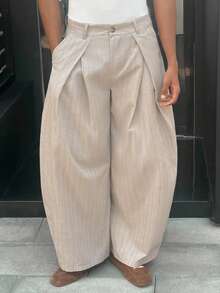 SWAVVY 男士条纹口袋宽松休闲阔腿裤 - 卡其色 - 查看 1