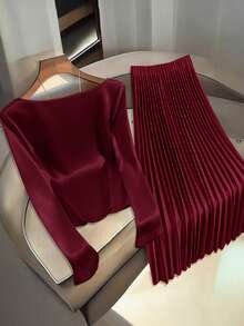 Franclia 女士优雅法式风情精致荷叶边领衬衫搭配褶裥中长裙，卡其色套装，秋冬装 - 酒紅色 - 查看 2