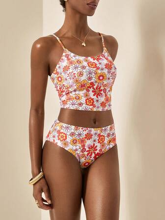 Écloséra 2件套女士夏季沙滩度假彩色碎花随机印花吊带泳衣套装