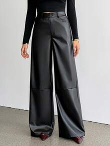 SHEIN Tall Women's Leather Women Pants Plain Front-Button Minimalist Casual Pants, Daily Wear,Women Bottoms - Black - View 2