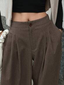DAZY Quần ống rộng dáng rộng có túi và cạp chun cho nữ, màu trơn - màu nâu - Xem 4