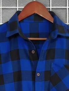 Camisa masculina estilo vintage cuadritos americana, algodón cómodo y suave, sin estampado, corte holgado, de manga larga, ideal para otoño e invierno, fácil de combinar en uso diario y casual - azul real - Ver 5