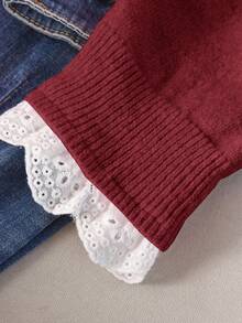 CosyJoli Plus Size Casual Lace Patchwork Round Neck Pink Mesh Pullover Sweater/Winter - Burgundy - View 4
