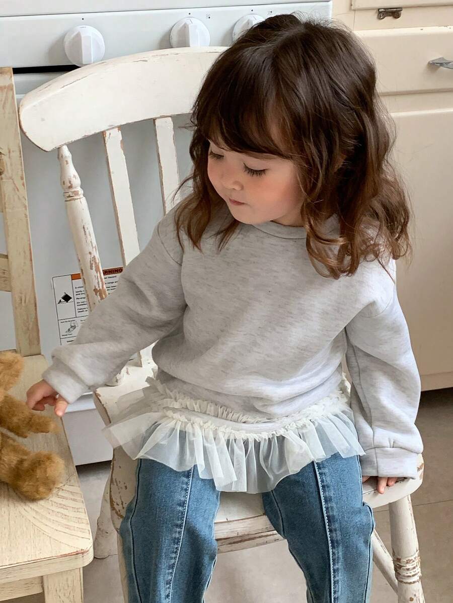 DAZY Toddler Girls' Round Neck Mesh Patchwork Long Sleeve Sweatshirt - Grey - View 1