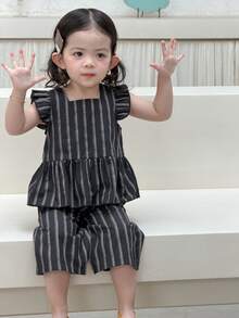 DAZY 2pcs Baby Girls' Striped Ruffle Trim Sleeveless Shirt And Pants Set Toddler Girls Clothes - Light Grey - View 4