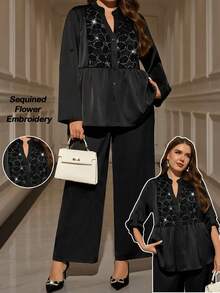 EMERY ROSE 2件組大尺碼女款優雅派對休閒裝，水鑽裝飾黑色長袖上衣與純色長褲套裝，適合秋季、正式場合、晚宴、婚禮套裝 - 黑色 - 查看 3