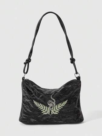 Fairycore 1 Stück Vintage minimalistischer Schlangen- & Blatt-Stickerei Design Damen PU Umhängetasche, modische Unterarmtasche für Pendeln und Einkaufen, geeignet als Geschenk