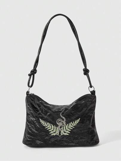 ROMWE Fairycore 1pc Vintage Minimalist Snake & Leaf Embroidery Design Women PU Shoulder Bag, Fashionable Underarm Bag For Commuting And Shopping, Suitable As Gift